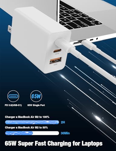Hzevn 2Pack 65W USB C Wall Charger Block, 3-Port USB C Charging Adapter,Multi Super Fast Charging Power Plug Cube for MacBook Pro/Air,i-Pad Pro,i-Phone 17/16/15, Galaxy S25,and More-White - color: White+White
