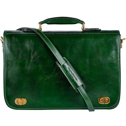 Time Resistance Leather Briefcase for Men - Italian Full Grain Leather Laptop Bag - Messenger Bag - Gift Box Included - color: Green
