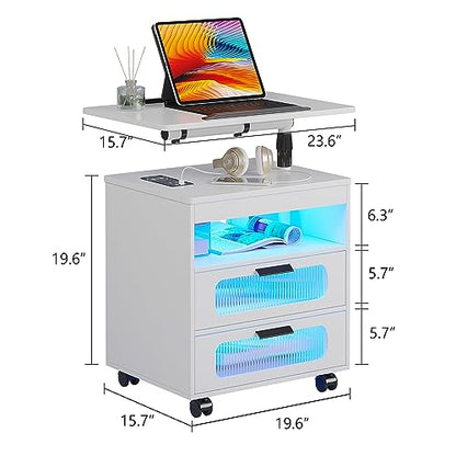 HNEBC LED Nightstand Set of 2 with Charging Station & Adjustable Overbed Desk, 3 Color LED Lights & Body Sensor, Mobile Bedside Table with Wheels, 2 Drawers & Open Shelf for Bedroom(White) - color: 9603-2-white