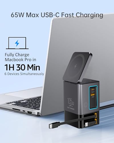 105W Charging Station with Retractable Cables, 6-in-1 GaN Retractable Charger with Wall Plug, MagSafe Compatible Magnetic Pad, USB-C Fast Charging for iPhone, AirPods, MacBook