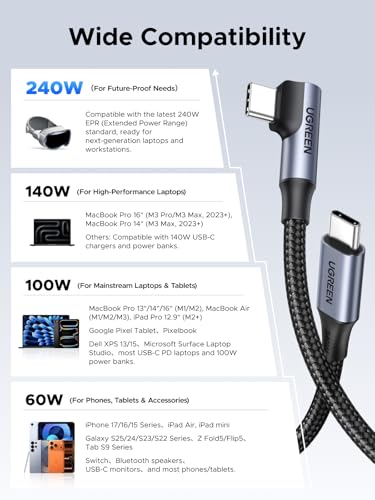 UGREEN 240W Right Angle USB C Cable, PD 3.1 Fast Charging, 3.3ft | 90° right angle with E-Marker chip. For iPhone 17/16/Pro/Max, MacBook Pro M5, iPad, Galaxy S26/S25, Steam Deck, Switch - size: 3.3FT