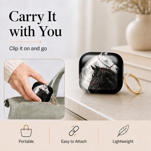 Compatible with AirPod 4 Case 2024, Cute Hard Plastic Protective Cover for Airpod 4th Generation Women, Shockproof Shell Skin with Gold Ring Keychain,Black White Horses - color: Black White Horses