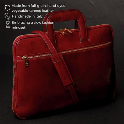 Time Resistance Slim Leather Briefcase - Italian Handmade Leather Computer Bag - Briefcase for Men and Women - Laptop Bag - color: Red