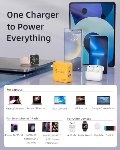 100W USB C Charger Block, 3 Port GaN Foldable Wall Fast Charger | for MacBook Pro, MacBook Air, Dell XPS, iPhone 17 16 Series, Samsung Galaxy, iPad Pro and All USB-C Devices - color: Yellow