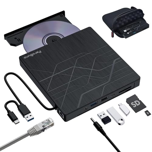 Super External CD DVD Drive, USB 3.0 DVD Burner with Ethernet Adapter, 3 USB and 2 TF/SD Card Ports, CD DVD Player Reader Writer Optical Disk Drive for Laptop PC Mac Windows Linux with Carrying Case - color: Line Black