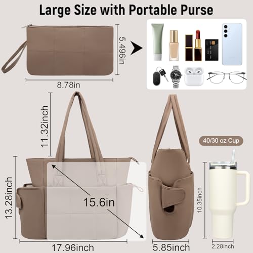 Puffer Tote Bag with Large Cup Holder& 15.6 Inch Laptop Compartment, Lightweight Puffy Work Bag with Water Bottle Pocket, Large Laptop Tote with Clutch Purse for Women Teacher Nurse (Brown) - color: Brown