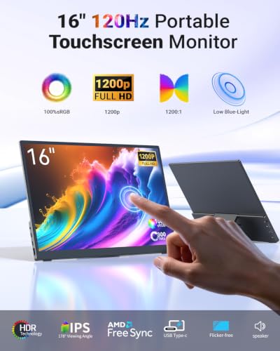MINIX 16 inch Portable Monitor Touchscreen FHD 1200P IPS Display Travel Monitor with Stand/Speaker, Low Blue Light Screen, USB-C HDMI Touch Screen Extended Monitor for Laptop MacBook PC Xbox PS4/5 - size: 16 inch