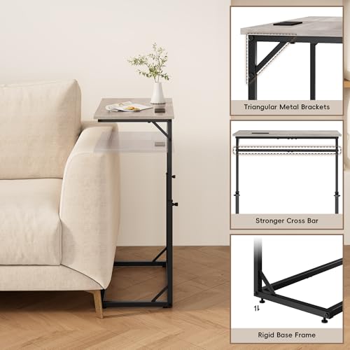 C Shaped End Table with Charging Station, C-Table End Table Adjustable Height Side Table for Couch, Large Couch Table, Slide Under Couch Table TV Tray Table for Sofa,Living Room,Bedroom, Grey - color: Greige, style: With Plug