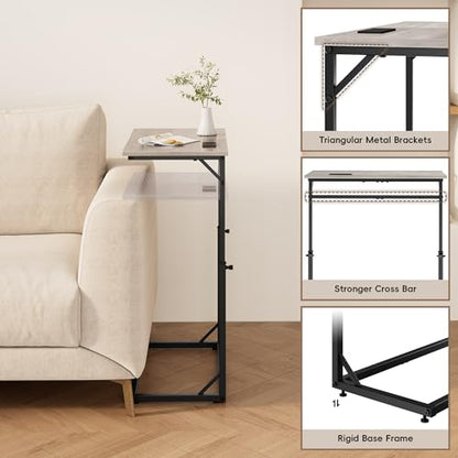 C Shaped End Table with Charging Station, C-Table End Table Adjustable Height Side Table for Couch, Large Couch Table, Slide Under Couch Table TV Tray Table for Sofa,Living Room,Bedroom, Grey - color: Greige, style: With Plug