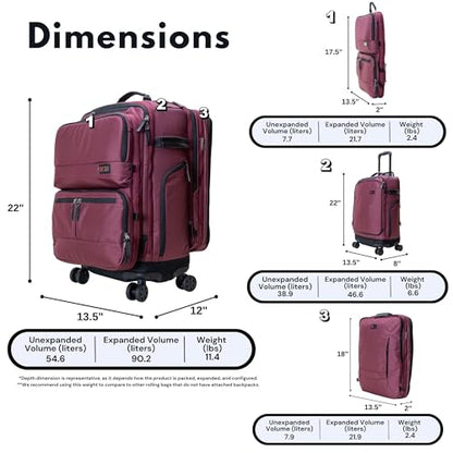 Trilogy Modular System I Modular 4-wheel spinner carry-on, with two zip-off bags! All 3 are Expandable! You get 3 bags in 1! Mix and match; take apart to fit crowded airplane spaces (Zinfandel) - color: Red