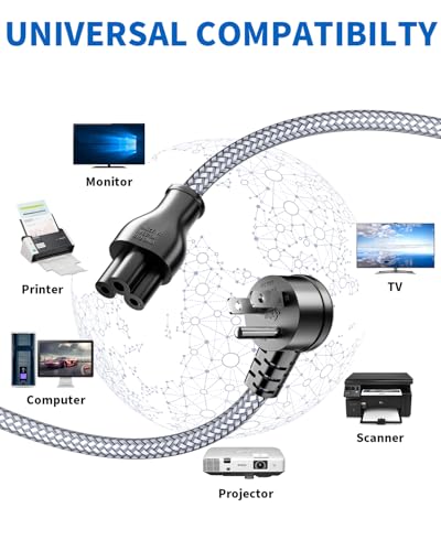 3 Prong AC Laptop Power Cord,1.64Ft Universal Power Cable 90°Angled,Braided Power Cord for Dell HP LG Lenovo Asus Acer Toshiba Laptops/Notebooks,Monitors,Printers,NEMA 5-15P to C5 Power Cable - size: 1.64 ft