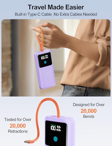 Portable Laptop Charger 24000mAh 65W w/USB C Built-in Cable Purple | 65W Fast charging, LED display, Charge 4 devices at once, Pass through, TSA approved, Compatible with Macbook/Notebook/iPhone - color: Purple