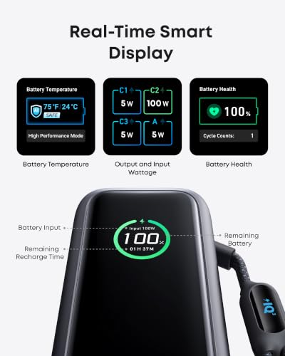 Anker Laptop Power Bank, 25,000mAh Travel Essential with 165W Total Output | 3 USB-C Ports with 100W Max Each, Built-In Retractable Cables, Flight-Ready, for iPhone 17 Series ,MacBook, and More - color: Black
