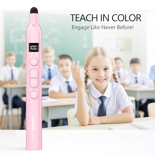 N21 Bluetooth Presentation Clicker for PowerPoint with Retractable Pointer | ①Red laser ②Telescopic touch pen ③Countdown timer, vibration alert ④Customizable Button ⑤Rechargeable, battery level display - color: Pink - Red Pointer