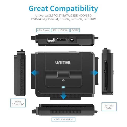 Unitek USB 3.0 IDE/SATA Adapter, Dual-Drive, for 2.5/3.5" HDD/SSD | Simultaneous 1 IDE + 1 SATA Access; For 2.5/3.5" IDE/SATA Drives, Optical; Hot-Swap, Plug & Play; 12V Adapter Included; 6Gbps - color: USB A