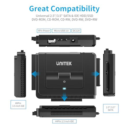 Unitek USB 3.0 IDE/SATA Adapter, Dual-Drive, for 2.5/3.5" HDD/SSD | Simultaneous 1 IDE + 1 SATA Access; For 2.5/3.5" IDE/SATA Drives, Optical; Hot-Swap, Plug & Play; 12V Adapter Included; 6Gbps - color: USB A