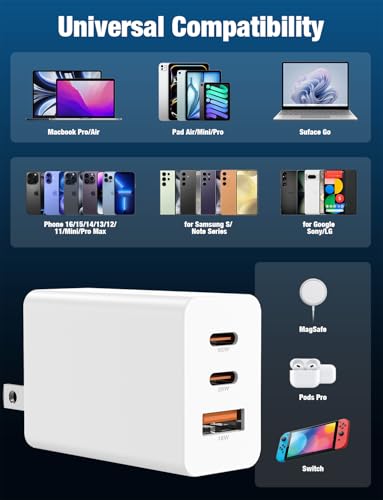 Hzevn 2Pack 65W USB C Wall Charger Block, 3-Port USB C Charging Adapter,Multi Super Fast Charging Power Plug Cube for MacBook Pro/Air,i-Pad Pro,i-Phone 17/16/15, Galaxy S25,and More-White - color: White+White