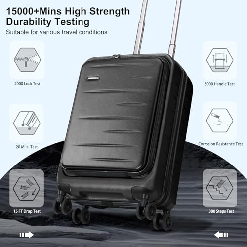 CENSIEN 20 Inch Carry On Luggage 22×14×9 Airline Approved with Front Pocket | Front Opening with Laptop Pocket,Lightweight ABS+PC Hard Shell Suitcases,360° Spinner Wheels,TSA Lock,YKK Zipper,Black - color: Black, size: 20 Inch