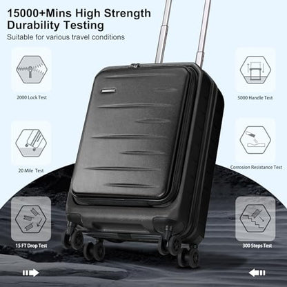 CENSIEN 20 Inch Carry On Luggage 22×14×9 Airline Approved with Front Pocket | Front Opening with Laptop Pocket,Lightweight ABS+PC Hard Shell Suitcases,360° Spinner Wheels,TSA Lock,YKK Zipper,Black - color: Black, size: 20 Inch