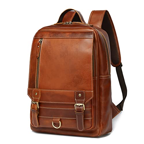 LANNSYNE Vintage Genuine Leather Backpack For Men Fits up to 15" Laptop Travel Hiking Rucksack - color: Brown