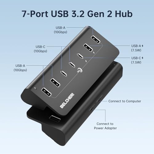 7-Port Powered USB Hub, 10Gbps High-Speed Data USB Splitter (4 USB-A and 3 USB-C Ports), Aluminum Hub with 5V/3A Adapter, for Laptop, MacBook, iPhone 16/15