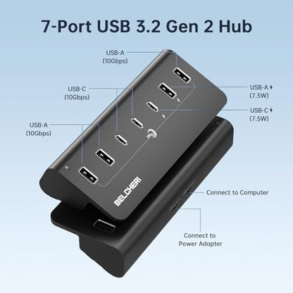 7-Port Powered USB Hub, 10Gbps High-Speed Data USB Splitter (4 USB-A and 3 USB-C Ports), Aluminum Hub with 5V/3A Adapter, for Laptop, MacBook, iPhone 16/15