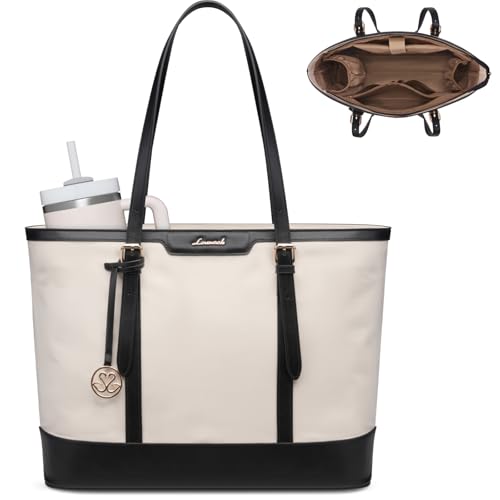 LOVEVOOK Work Tote Bag for Women 15.6 Inch Laptop Computer Bags with Cup Holder, Large Teacher Bag Briefcase for Business Office Travel Black-White, Nylon&PU - color: Black-white Nylon&pu, size: 15.6 in