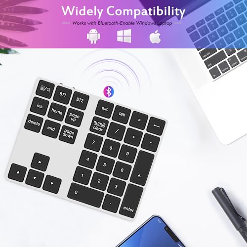Foloda Bluetooth Number Keypad, Wireless 10 Keys Number Pad for Laptop, 34 Keys Rechargeable Numeric Numpad Key Pad Extensions Keyboard for Chromebook Notebook MacBook - color: Silver Grey