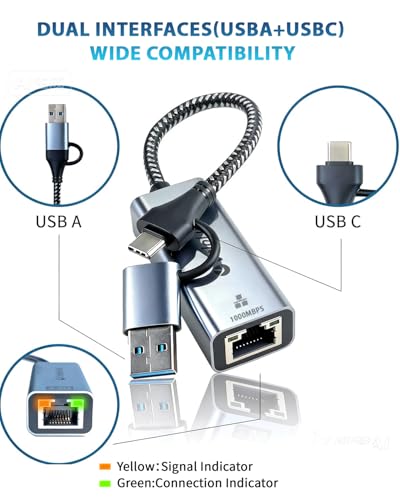 Ethernet to USB Adapter, 1Gbps USB to RJ45 Gigabit LAN, USB 3.0 Ethernet Adapter Compatibility 10/100/1000Mbps. Compatible with Laptops, PC, Mac OS, Linux and More