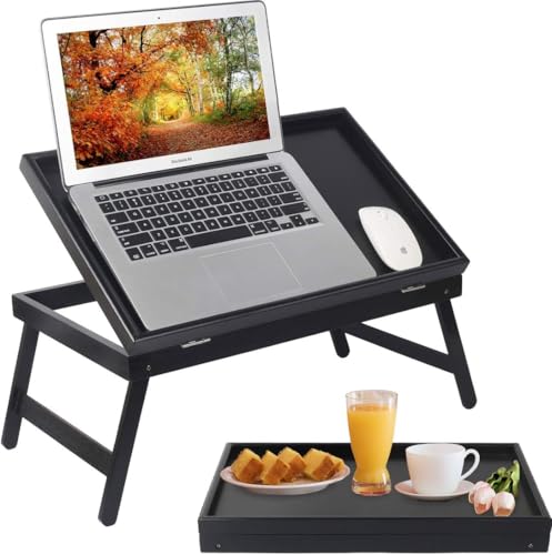Artmeer FSC-Certified Bamboo Bed Tray Table, Tilting Top, Large, Black | Large FSC-certified bamboo bed tray with tilting top, adjustable height and folding legs for meals and laptop work in bed. - color: Black, size: Large