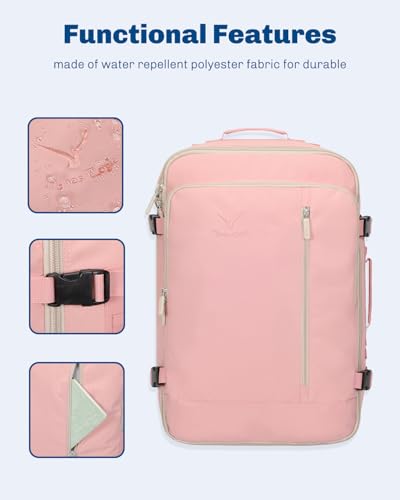 Carry on Backpack 38L Large Travel Backpack for Women Flight Approved Weekender Bag Laptop Backpack Men 15 inches Light Pink - color: Light Pink
