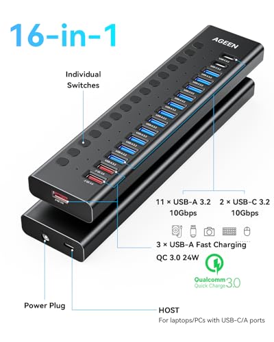 Powered USB Hub, AGEEN 16-Port USB 3.2 Hub (14 USB-A+2 USB-C), 10Gbps | 11*USB-A 3.0, 3*QC 24W Fast Charging, 2*USB-C 3.0, Plug & Play, Aluminum, 96W Power Adapter for PC, Laptop, HDD, Flash Drive