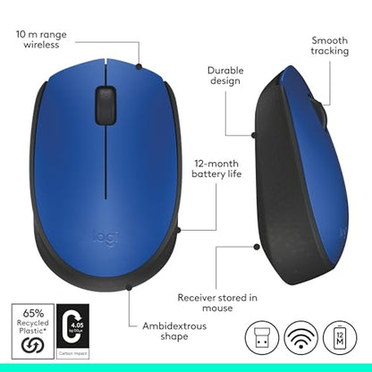 Logitech M170 Compact Ambidextrous 2.4 GHz Wireless Mouse - Blue | Ambidextrous mouse with 2.4 GHz USB-A Nano Receiver, Optical Tracking, 12-Months Battery Life, PC, Mac, Laptop compatible - color: Blue