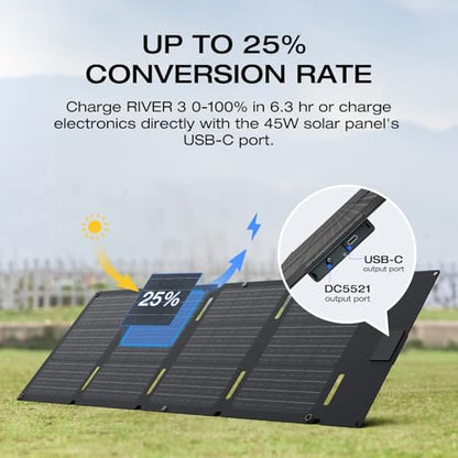 EF ECOFLOW Solar Generator RIVER 3 & 45W Solar Panel,245Wh 300W | LFP Battery, 300W Up to 600W AC Output, <20 MS UPS, 1Hr Fast Charging Power Station for Outdoor/RVs - style: RIVER 3+45W Solar Panel