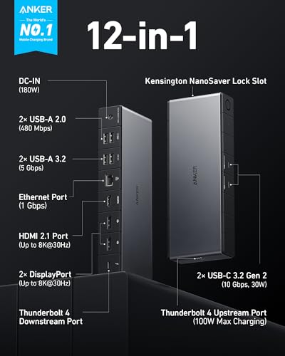 Anker 778 Thunderbolt Docking Station (12-in-1, Thunderbolt 4), 40 Gbps with Max 100W Charging for Laptop, Single 8K, Quad 4K Display, Ethernet, 6 USB Ports for Dell, HP Laptops and More(Gray)