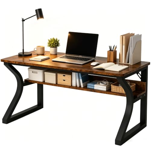 StarGraph Wood Computer Desk Table for Office Gaming Work Pc (Brown, 55") | 55 inch, Storage Shelf, Triangle Stabilizer Brackets, Cable Management Hole, Large Desk For Bedroom, study, Gaming, Writing - color: Brown, size: 55"