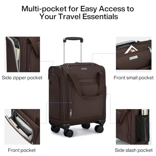 MILADA Underseat Carry On Luggage with Wheels, Airline Approved 16-inch Spinner Small Suitcase, Softside Travel Luggage, Personal Item Overnight Bag, Business Mini Suitcase for Women and Men, Coffee - color: Coffee