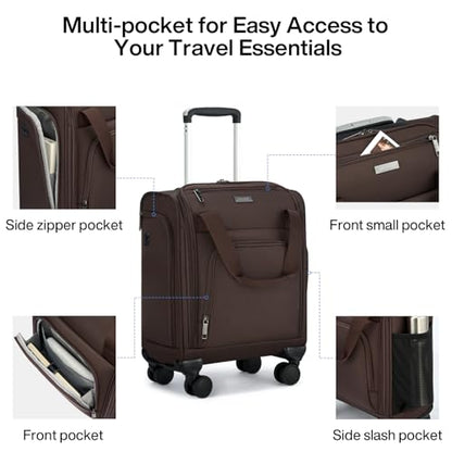 MILADA Underseat Carry On Luggage with Wheels, Airline Approved 16-inch Spinner Small Suitcase, Softside Travel Luggage, Personal Item Overnight Bag, Business Mini Suitcase for Women and Men, Coffee - color: Coffee