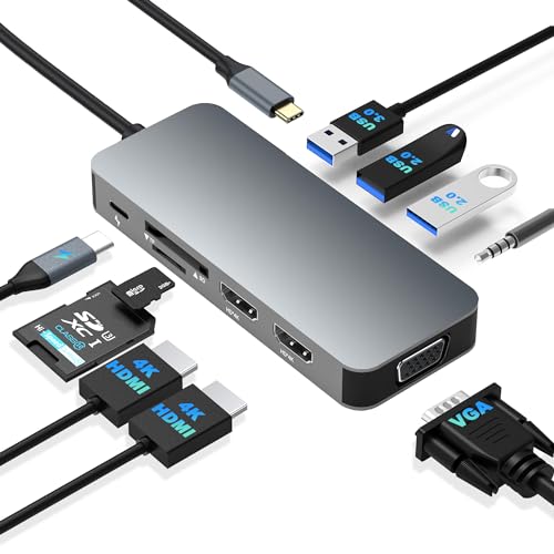 Docking Station Dual Monitor, USB C to Dual HDMI Adapter, Computer Docking Station for Laptop, Dual Monitor Adapter, 10 in 1 USB C Hub Multiport with HDMI/VGA/PD/USB/SD/TF/3.5mm Audio - style: 10 IN 1