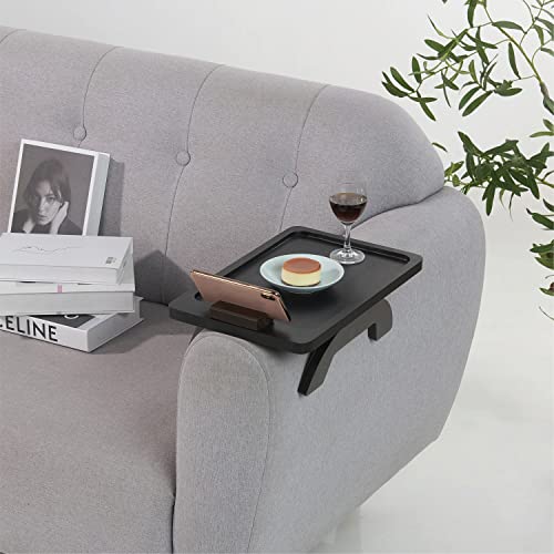BLUEWEST Sofa Armrest Tray, Acacia Wood Couch Arm Clip on Tray Table with 360° Rotating Phone Holder –Fits Most Couch Arm Sizes–Non-Slip, Space-Saving Arm Table for TV Dinners, Remote, Drinks & Snacks - color: Black, size: Rectangle