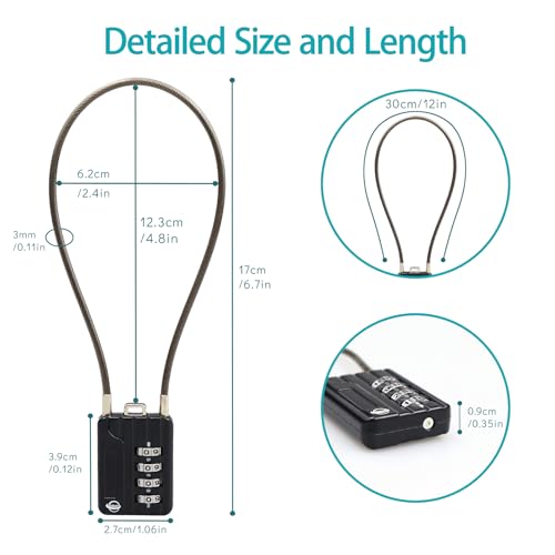 4 Digit Cable Combination Locks 12 inches Cable for School Gym Locker,Helmet,Filing Cabinets,Toolbox,Luggage Suitcase,knapsack,Cable 3mm Diameter,Black - size: 30cm(12in)Cable Black