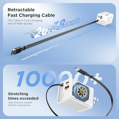 65W GaN USB C Charger with Retractable Charging Cable, 3 in 1 Power Adapter | travel charger for MacBook, iPhone 17 16 15, Samsung Galaxy S24, iPad, multi port compact wall charging block, White - color: White