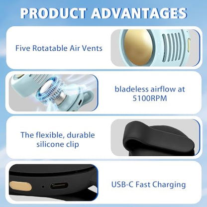 Portable Fan,2-in-1 Waist Clip On Bladeless, Ultra-Quiet Mini Personal Neck Fan 3 Speeds with 360°Adjustable Clip USB Rechargeable for Hiking,Office & Outdoor - color: Black+Bule