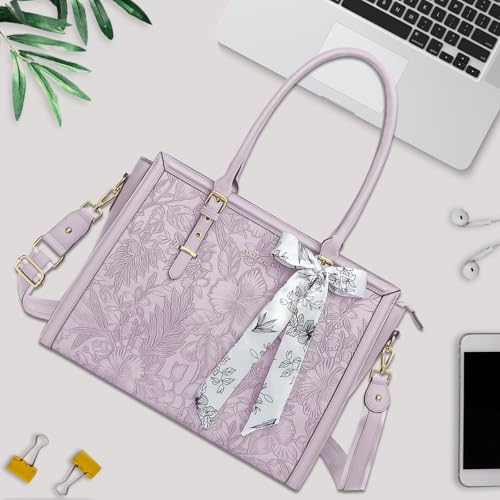 MOSISO Laptop Bag for Women, 17-17.3 inch PU Leather Tote Bag | Compatible with MacBook, HP,Dell, Front Embossed Retro Hibiscus Computer Bags with Silk Scarf&Clutch Purse, Dusty Lilac - color: Dusty Lilac, size: 17.3 inch
