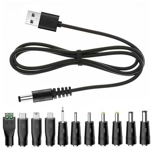 Universal Charger Power Core, 5V USB to DC 5.5x2.1mm, Charging Cable with 11 Connectors (Micro-USB, Type-C, Mini USB, 2.5x0.7, 3.0x1.1, 3.5x1.35, 4.0x1.7, 4.8x1.7, 5.5x2.5，2.5mm), 3.3FT