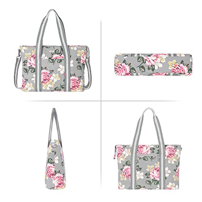 MOSISO Laptop Tote Bag for Women (17-17.3 inch), Canvas Rose Multifunctional Work Travel Shopping Duffel Carrying Shoulder Handbag Compatible with MacBook, Notebook and Chromebook, Grey