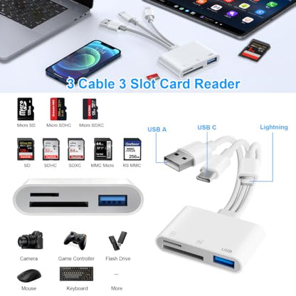 SD Card Reader for iPhone iPad Mac, 3 in 1 Memory SD Card Adapter, USB C & Lightning & USB-A Digital Camera Adapter to iPhone with SD/MicroSD/USB OTG Slots, High-Speed Plug & Play for Computer Laptop
