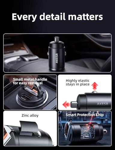 AKESR 65W car Charger，Low Profile car Charger，12V&24V USB C Fast Charging | For iPhone/17/16/15/14/13 Samsung S25 S24 S23Google Android