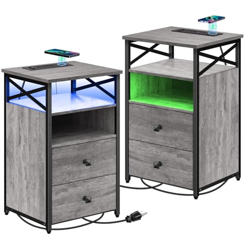 Livofloral LED Nightstand with Wireless Charging Station, Nightstand Set of 2 with Wood Drawer, End Tables Living Room Set 2 with Storage, Farmhouse End Table Set of 2, Bedside Table for Bedroom, Grey - color: Grey, size: 2 Pack Nightstands with Wireless