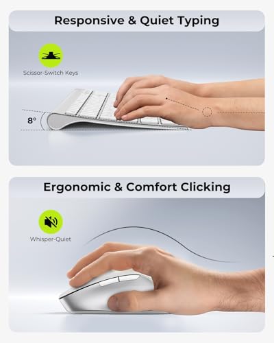 seenda COE401 Bluetooth Keyboard Mouse Combo, Rechargeable, White Silver | Silent rechargeable keyboard and mouse with 3-device connection for Windows, Mac, iPad, and laptops. - color: White Silver